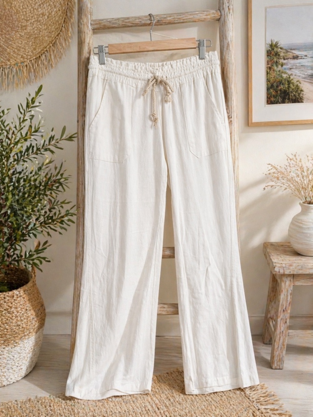 Roxy Linen Pants Women’s XL White Drawstring Wide Leg Beach Casual Lightweight